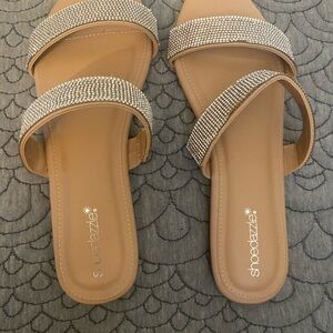 Shoe Dazzle Tan Rhinestone Sandals Slip-On Style